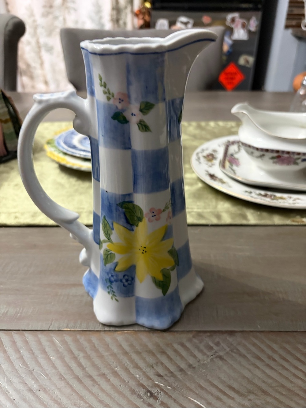 Andrea By Sadek Blue Gingham Pitcher with Yellow Floral Motif